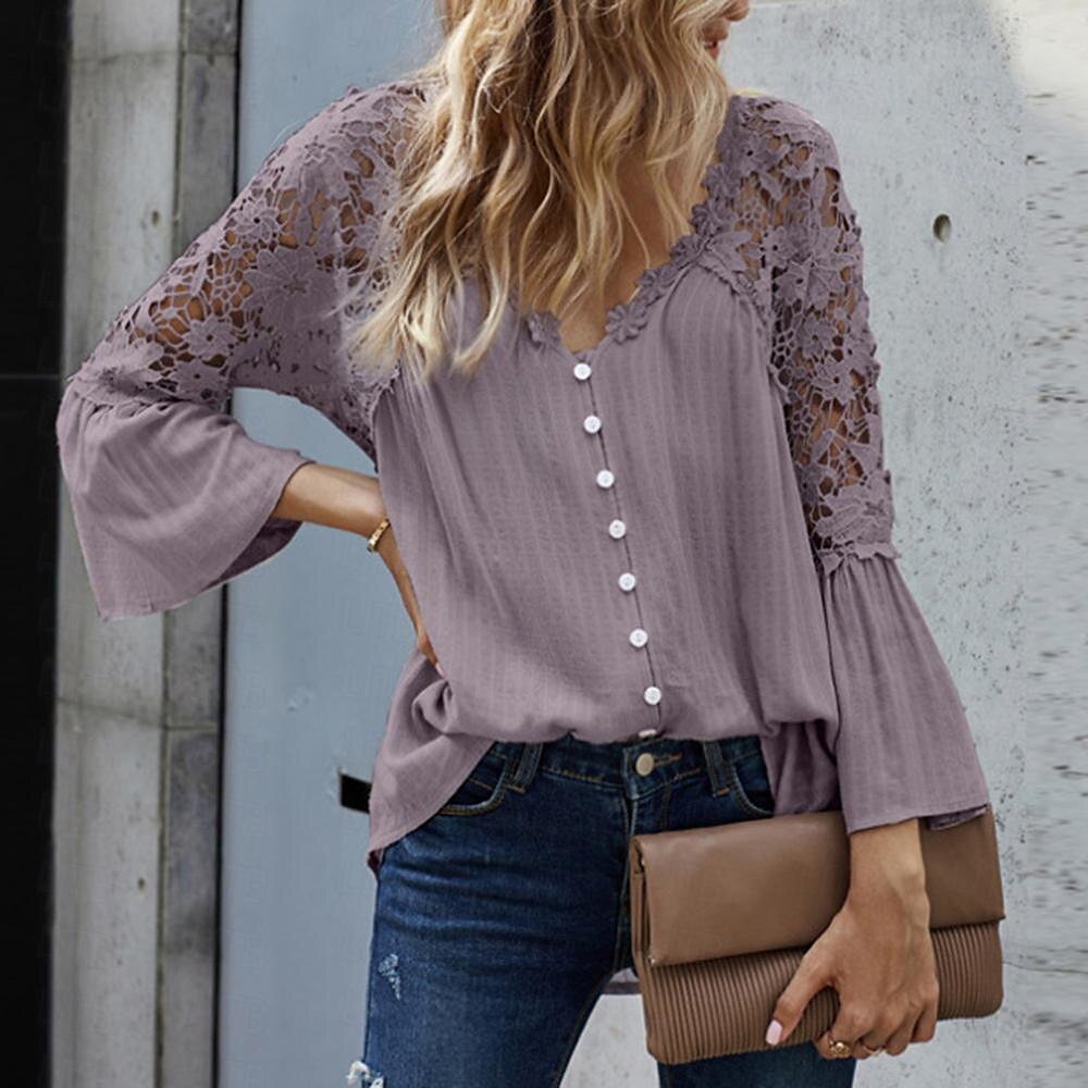 Shirt Boho Shirt Lace Shirt Blouse Women's Black White Pink Solid Color Lace Button Street Daily Fashion V Neck S 2025 - $24.99 –P12