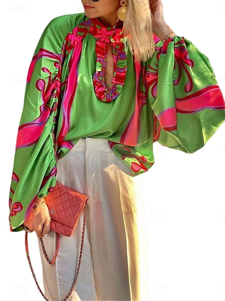 Damenhemd Boho-Hemd Bluse Bauernbluse Boho-Print Langarm normale Oberteile lässig Urlaub grün Sommer Frühling 2025 - $32.99 –P1