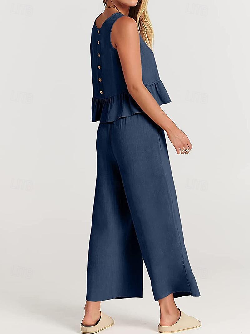 Linen Set Tank Cotton Linen Shirts Set Women's Black Army Green Navy Blue Solid Color Ruffle 2 Piece Street Daily Fashion Round Neck Cotton Linen Regular Fit S 2025 - $38.99 –P10