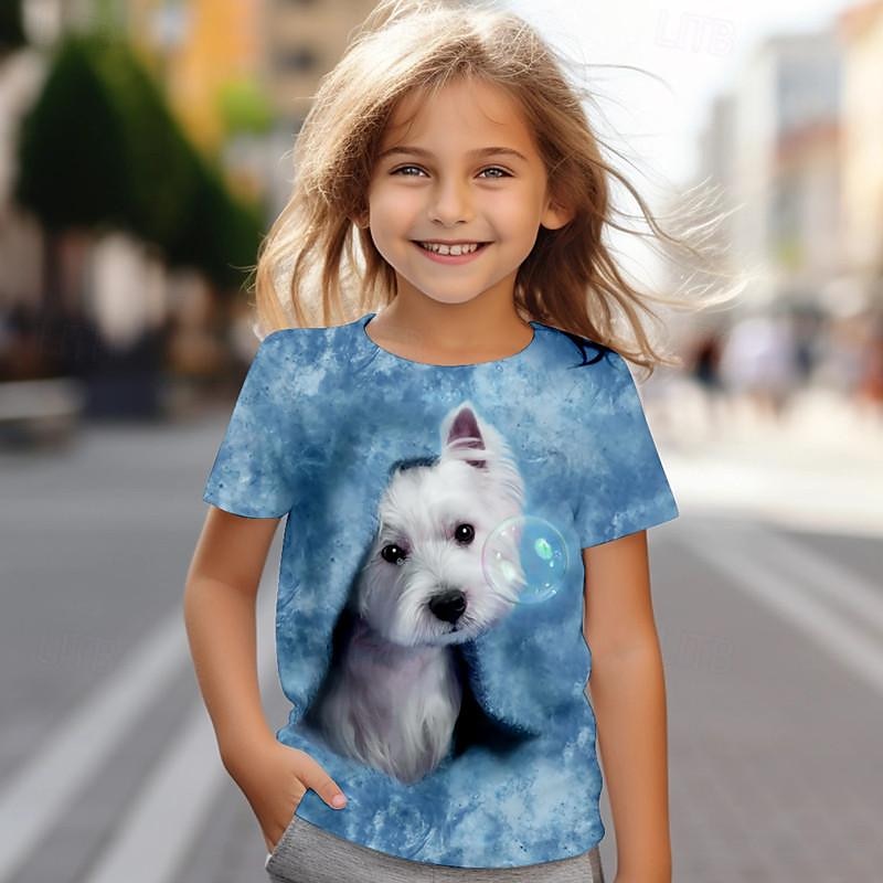 Tricou 3D pentru fete, model câine, roz, cu mânecă scurtă, imprimare 3D, vară, modă, drăguț, poliester, copii 4-12 ani, guler rotund, exterior, casual, zilnic, croială standard 2025 - $11.99 –P3