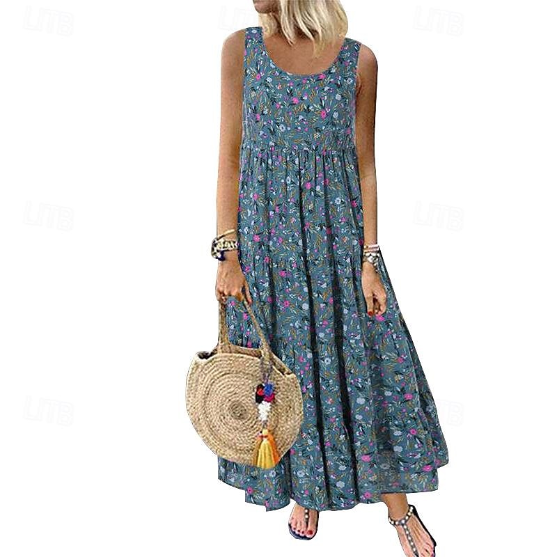 abito lungo da donna senza maniche scollo rotondo stampa floreale vita impero svolazzante estivo casual abbigliamento da spiaggia multicolore taglia unica del 2025 a $35.99 –P2