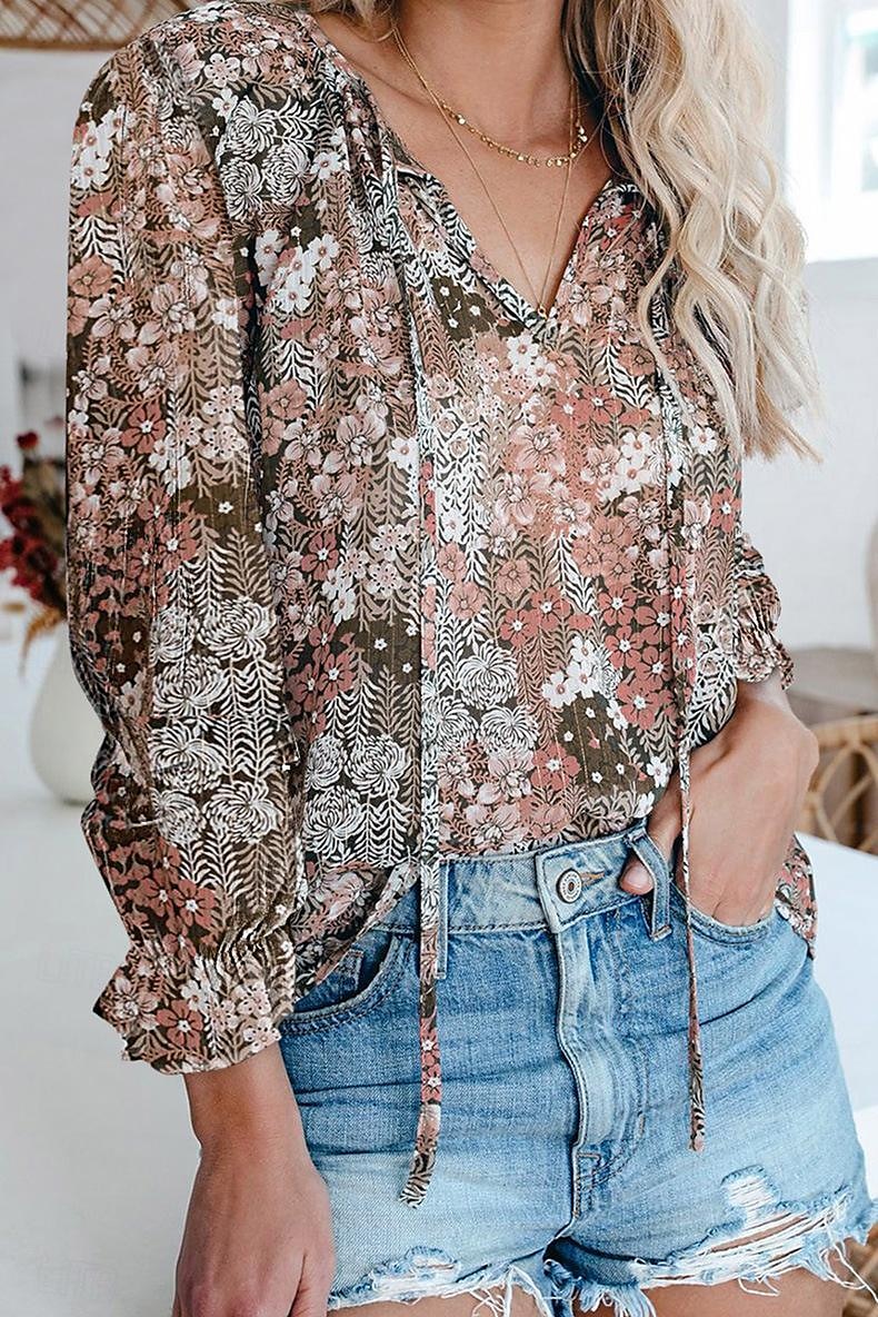 camicia da donna camicia boho camicetta moda floreale geometrico con lacci stampa manica lunga top regolari scollo a V casual festa nero bianco rosa vino rosso primavera& autunno del 2025 a $27.99 –P4