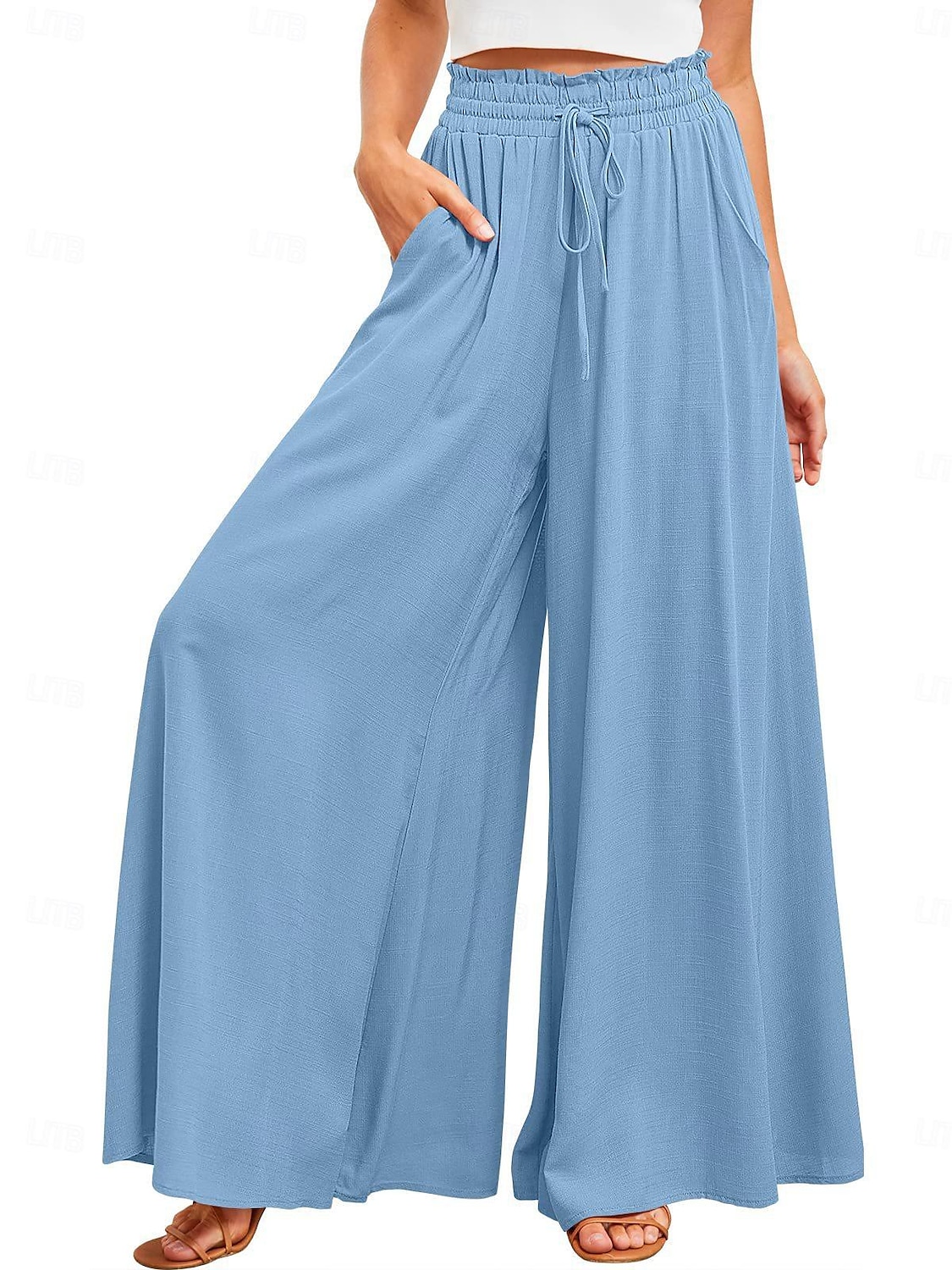 Femmes Jambe large Pantalon en coton et lin Pantalons Mode Longueur complète Trèfle Cordon de serrage Poches Latérales in in france they say Pontalon wide leg Respirabilité Confortable Non Elastique de 2025 ? $33.99 –P1