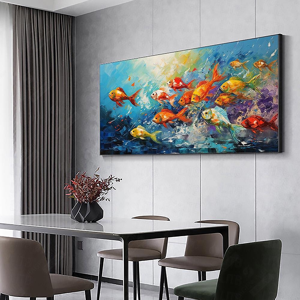 Peinture à l'huile de poissons nageurs peints à la main sur toile, peinture animale extra large, art mural fait à la main, art abstrait de poisson, peinture personnalisée, décoration minimaliste pour de 2025 ? $61.99 –P5