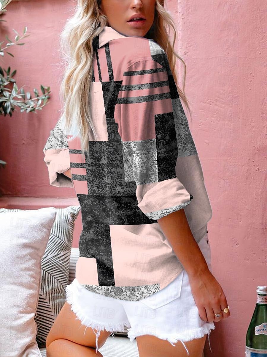 Damenhemd Langarm Knopfbluse Modisch Farbblock Druck Reguläre Tops Hemd Kragen Lässig Gelb Pink Blau Frühling  Herbst 2025 - $32.99 –P2