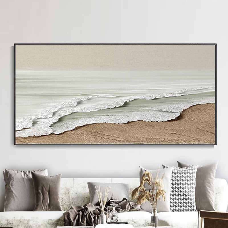 met de hand geschilderd minimalistisch oceaanschilderij op canvas 3D-getextureerde muurkunst aardetint zeegolven muurkunst woonkamer schilderij mode kamer decor geen frame 2025 - $139.99 –P5