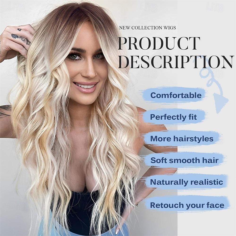 ombre vuile blonde pruiken met ponyblond lang golvend pruik voor dameslang krullend synthetisch haar pruik voor feest dagelijks gebruik 24in 2025 - $29.99 –P2