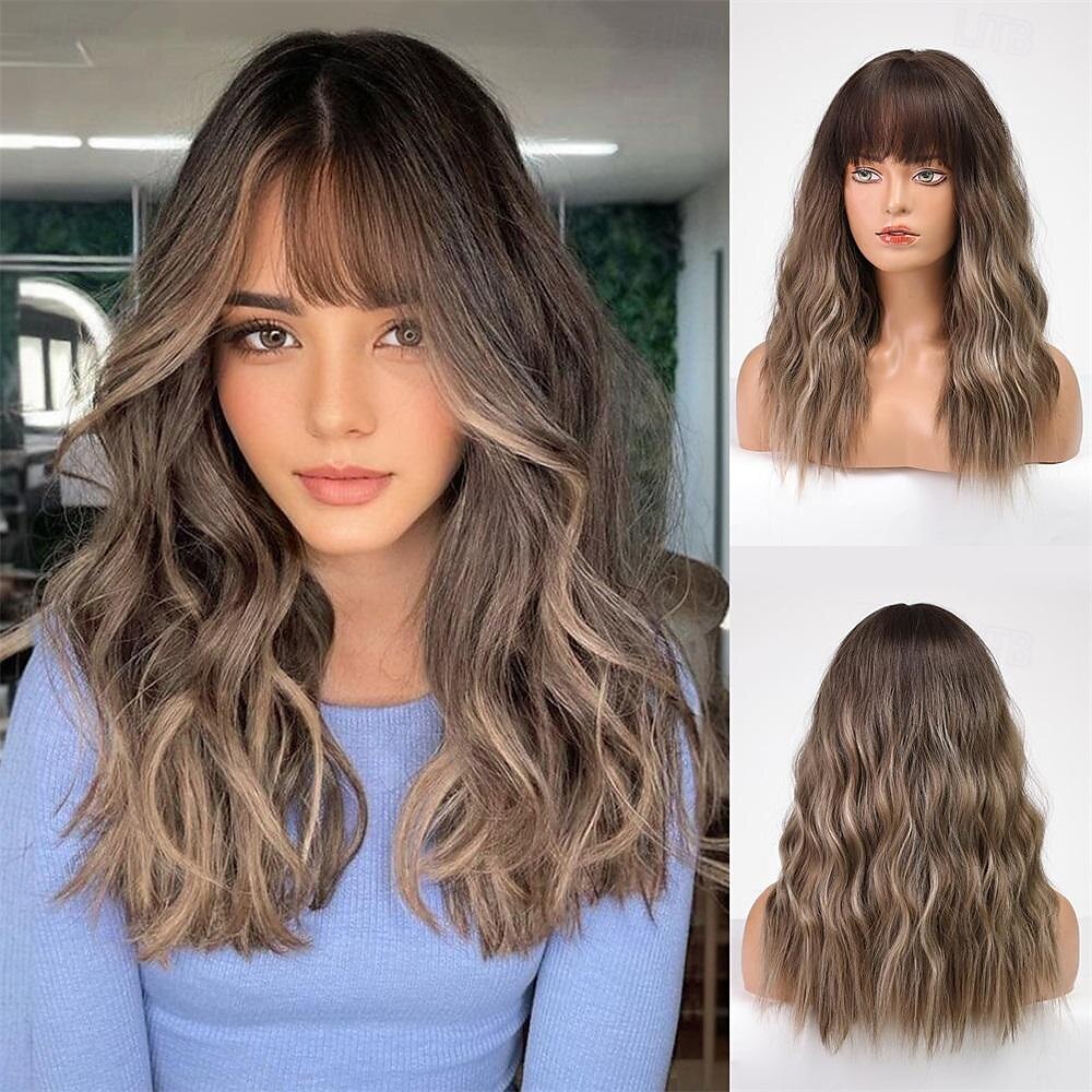 perruques bouclées brunes ombrées avec frange, perruques bouclées à reflets bruns pour femmes, perruques synthétiques résistantes à la chaleur, mode femmes brunes avec reflets blonds de 2025 ? $26.99 –P2