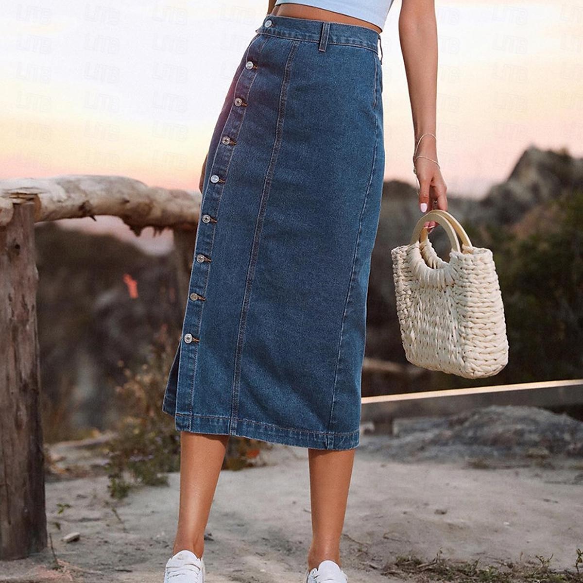 Femme Jupe Jupe mi-longue en jean Mode Décontractées Midi Taille haute Jupes Couleur Pleine Pointes fourchues Casual Quotidien Fin de semaine Noir bleu marine Bleu de minuit Eté Jean de 2025 ? $31.99 –P6