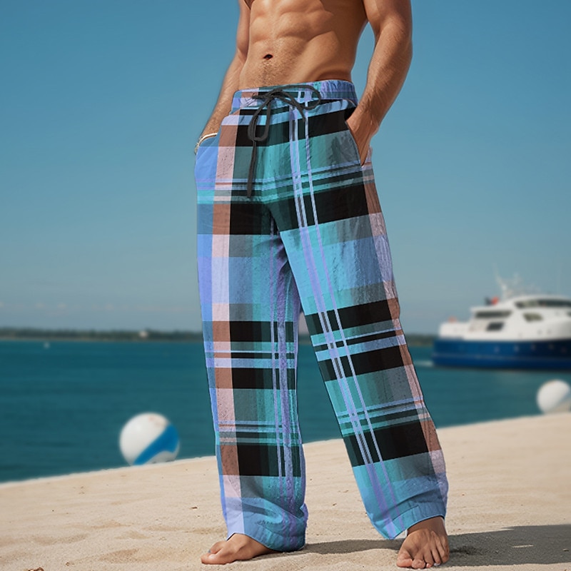 Plaid Color Block Men's Resort 3D Printed Casual Pants Trousers Elastic Waist Drawstring Loose Fit Straight-Leg Summer Beach Pants S TO 3XL 2025 - $25.99 –P8