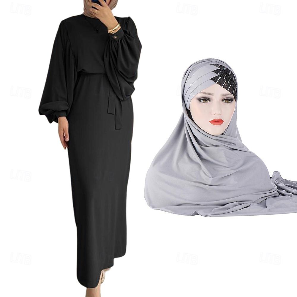 conjunto com vestido abaya feminino vestido maxi muçulmano árabe com cinto vestido religioso árabe saudita lenços hijab cachecol envoltório headpiece ramadan religioso 2 peças feminino ramadan árabe de 2025 por $42.99 –P7