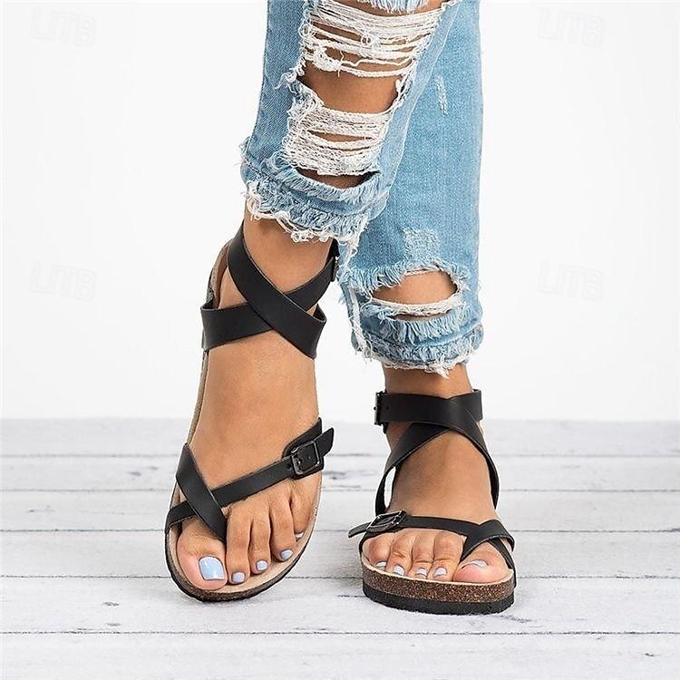 Sandalias planas de tiras marrones para mujer: cómoda suela de corcho con hebilla ajustable, calzado informal de playa para verano 2026 - $24.99 –P1