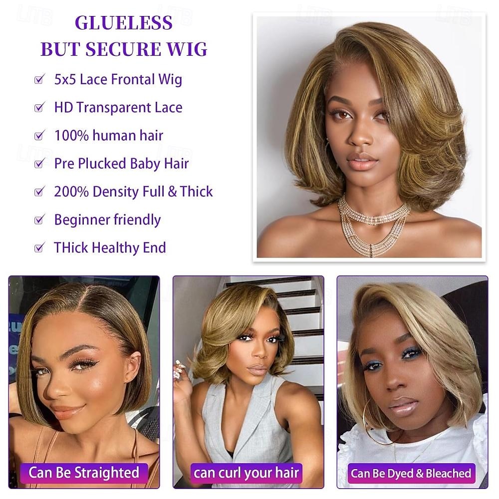 Wig Light Blonde Mix Brown Bob Layered Cut Wigs 13X4 Closure Bob Lace Front Wig Short Bob Wigs Right C Part Human Hair Frontal 2025 - $150.99 –P2