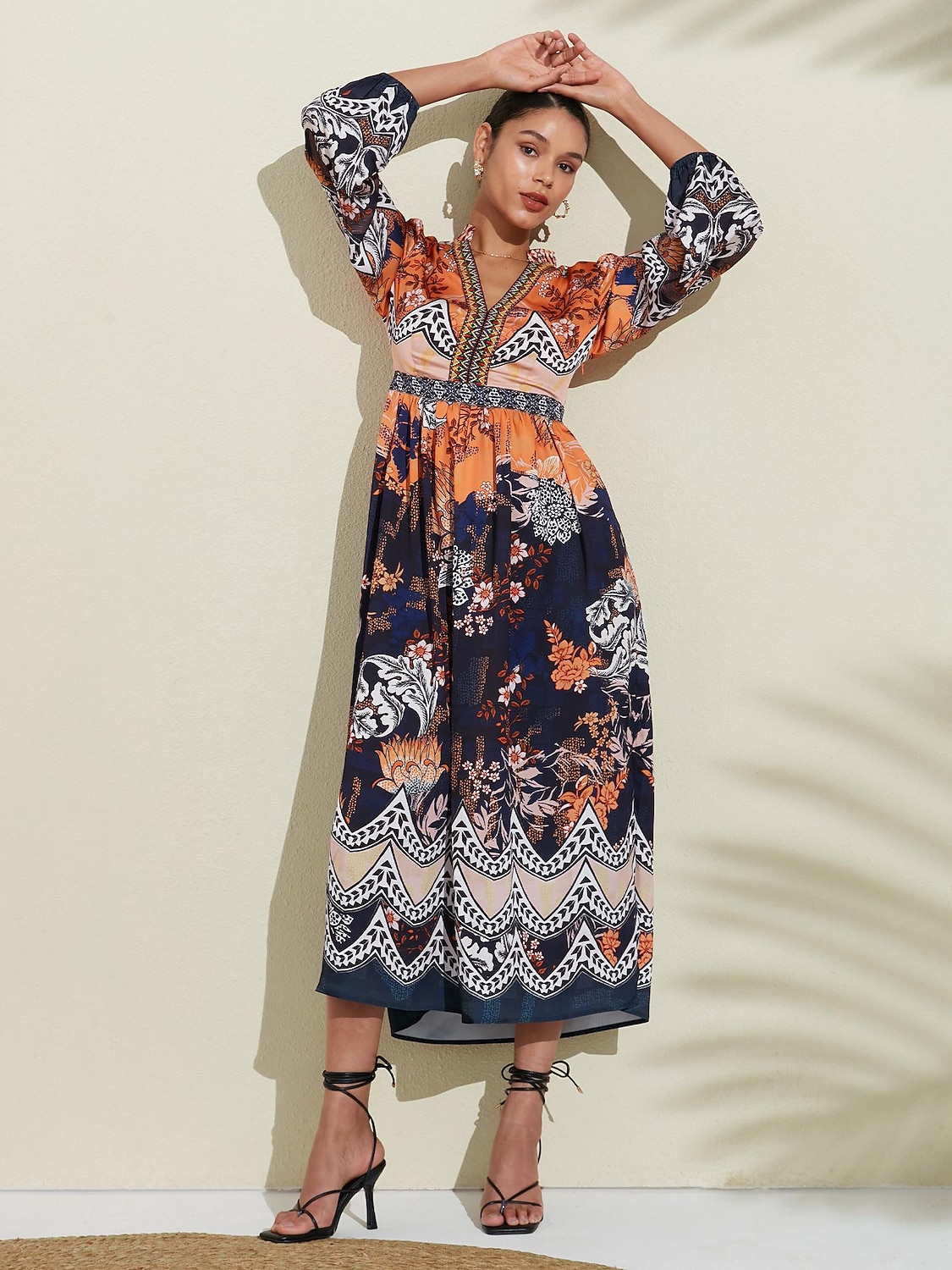vestido boho floral con cuello en v y puños elásticos 2025 - $72.99 –P6