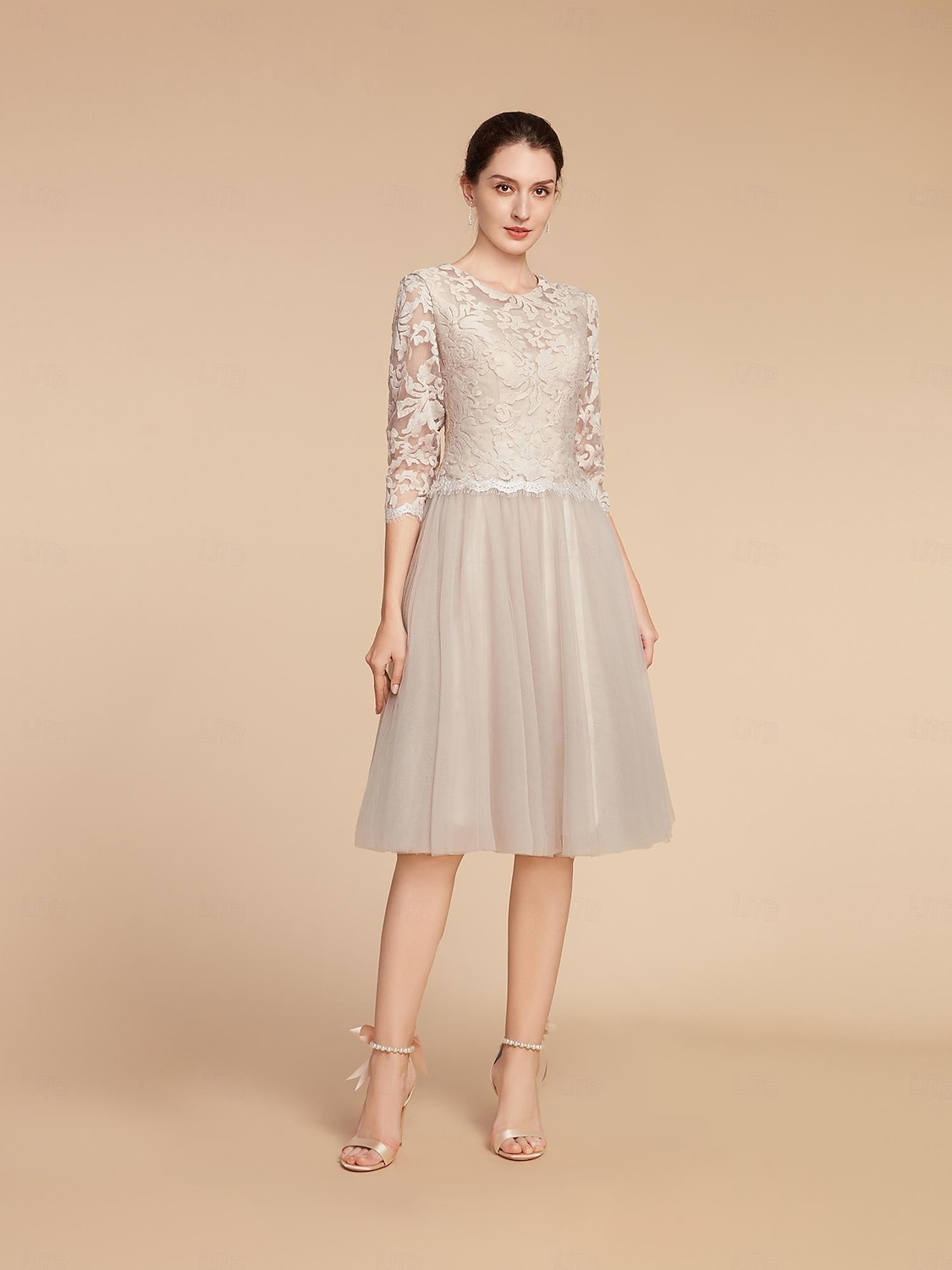 A-Line Mother of the Bride Dress Wedding Guest Elegant Petite Crew Neck Knee Length Lace Tulle Half Sleeve with Pleats Solid Color 2025 2025 - $61.99 –P3