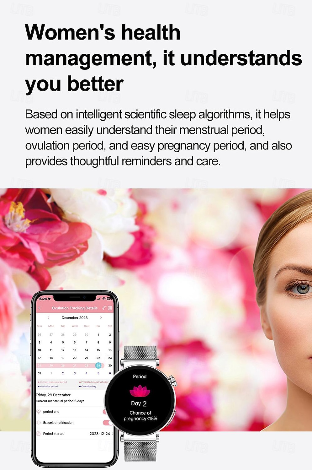 2025年 iMosi ECG PPG女性用スマートウォッチ 1.27インチフルタッチスクリーンBluetooth通話温度モニターペドメーターAndroid iOS対応ハンズフリー通話防水IP68  コレクション – $78.99 –P16