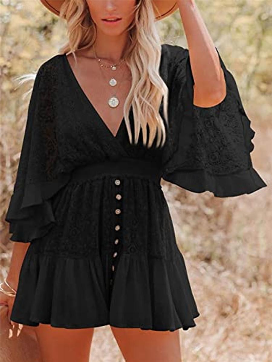 Women's Mini Dress White Dress Lace Dress Boho Chic Dresses Boho Dress Bohemia A Line Date Regular Fit 3/4 Length Sleeve V Neck Black White Yellow Pink Summer Spring 2025 - $41.99 –P19