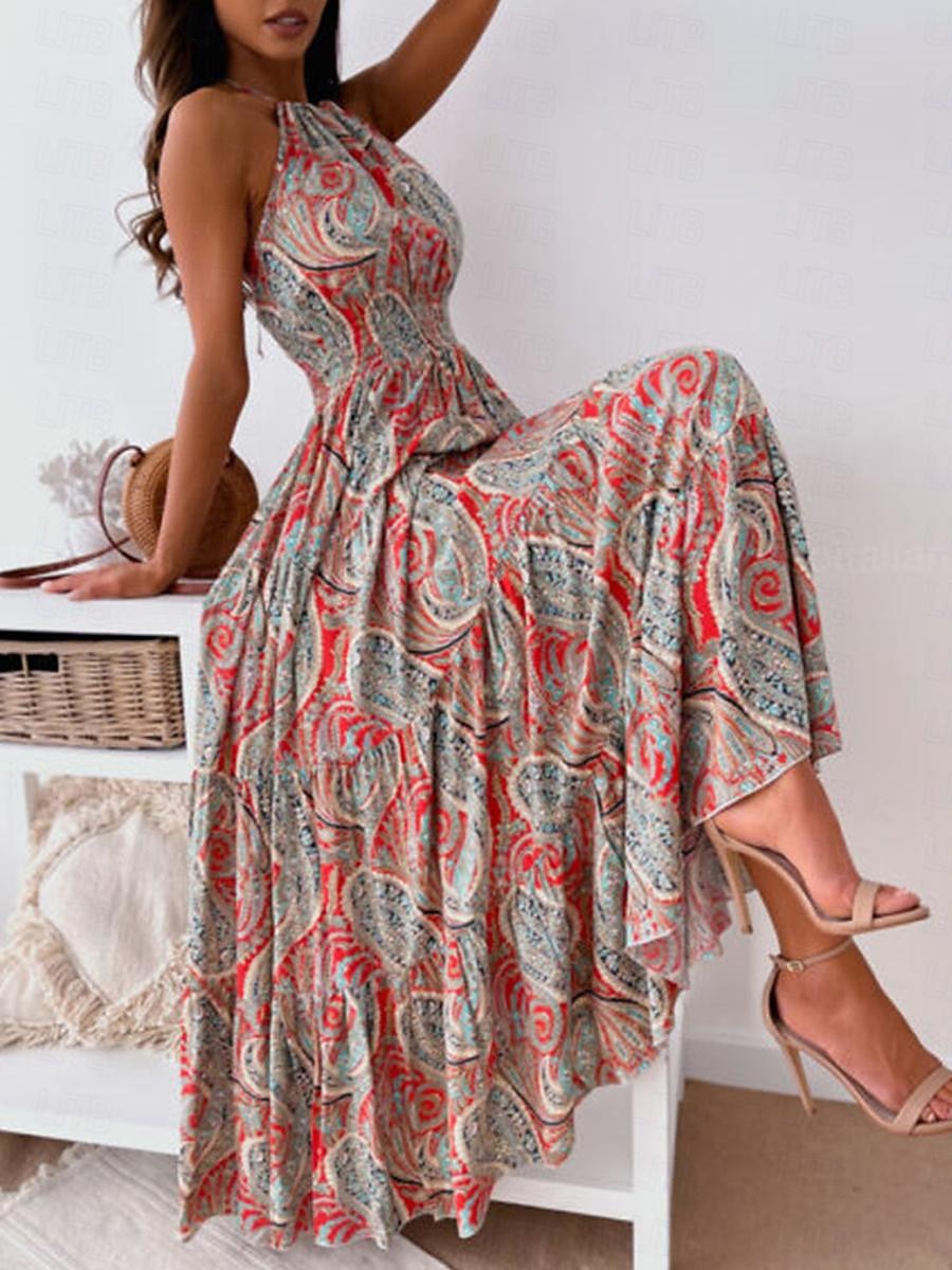Dame Lang kjole Maxikjole Uformell kjole Boho elegante kjoler Boho-kjole Bohem Gatemote A-linje Feriereise Gate Ferie Normal Blomstret Paisly Ermeløs Grimehals Rød Blå Sommer 2025 - $39.99 –P1