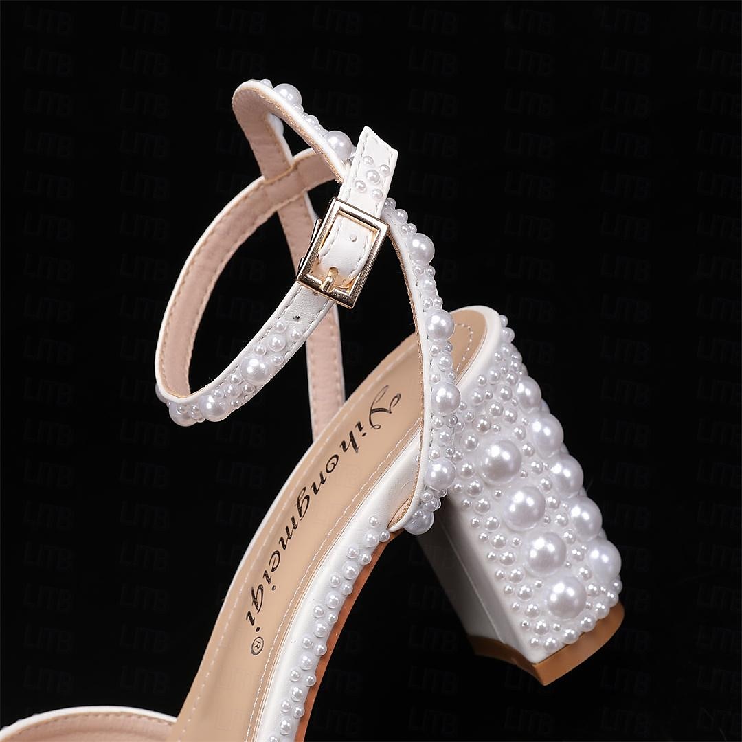 bryllupssko til bruden brudepike kvinner peep toe hvit beige pu sandaler med imitert perleblokk hæl chunky hæl ankelstropp bryllupsfest kveld daglig elegant klassisk 2025 - $79.99 –P4