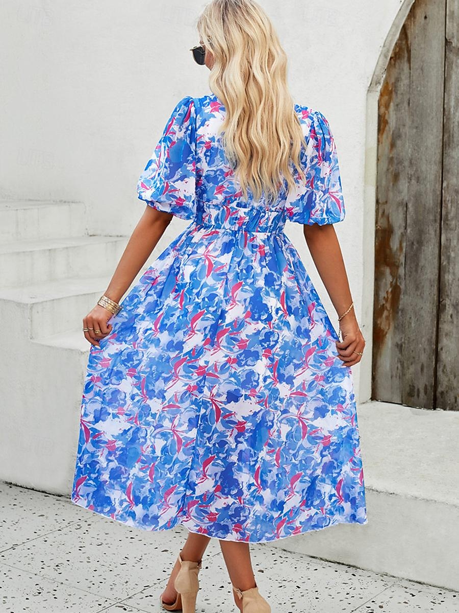 robe décontractée pour femme imprimé floral col en V robe midi ethnique bohème vacances manches courtes été de 2025 ? $29.99 –P16
