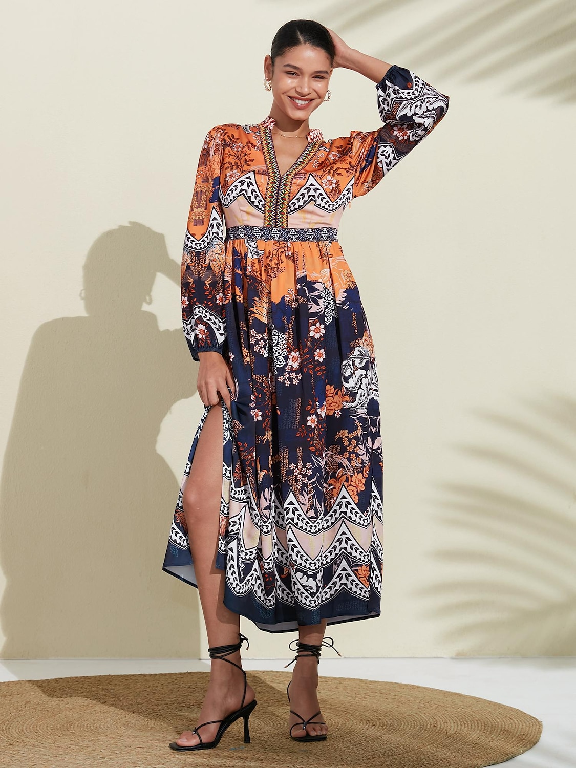 vestido boho floral con cuello en v y puños elásticos 2025 - $72.99 –P2