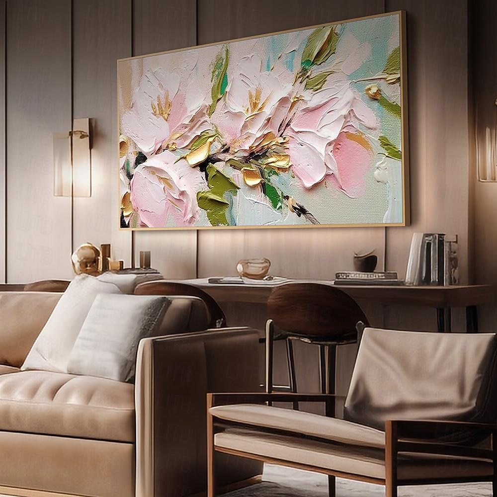 Hand painted 3D Flower Textured oil painting Wall Art Abstrat Pink Gold ...