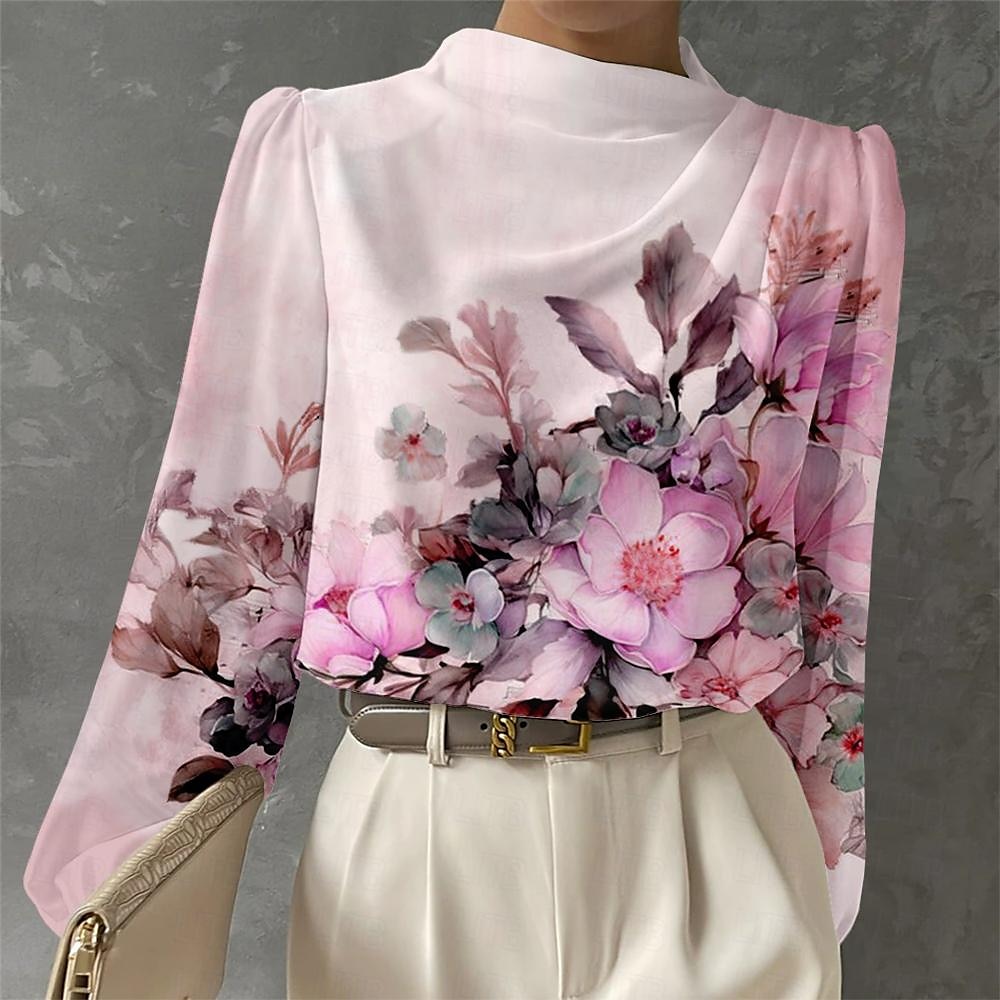 Blouse Femme Longue Manches Mode Imprimé Floral Tops Régulier Col Rond Travail Blanc Rose Bleu Vert Printemps  Automne de 2025 ? $32.99 –P1