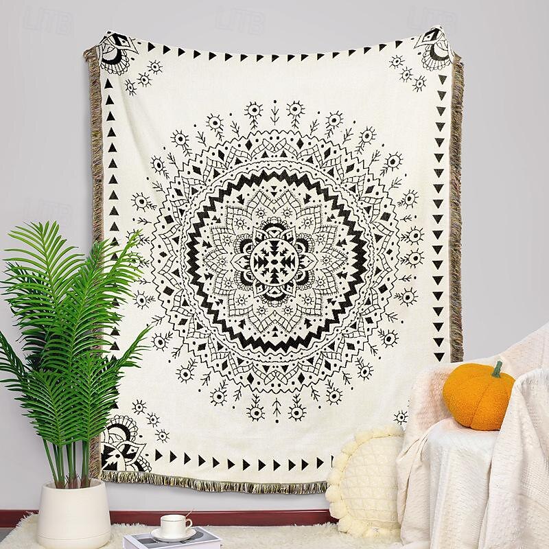 Boho-Mandala-Fadendecke, ländliche Geometrie, Sofa-Hängeteppich, gestrickte Sofadecke aus Baumwolle 2025 - $13.99 –P14