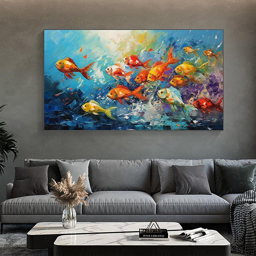 Peinture à l'huile de poissons nageurs peints à la main sur toile, peinture animale extra large, art mural fait à la main, art abstrait de poisson, peinture personnalisée, décoration minimaliste pour de 2025 ? $61.99 –P2