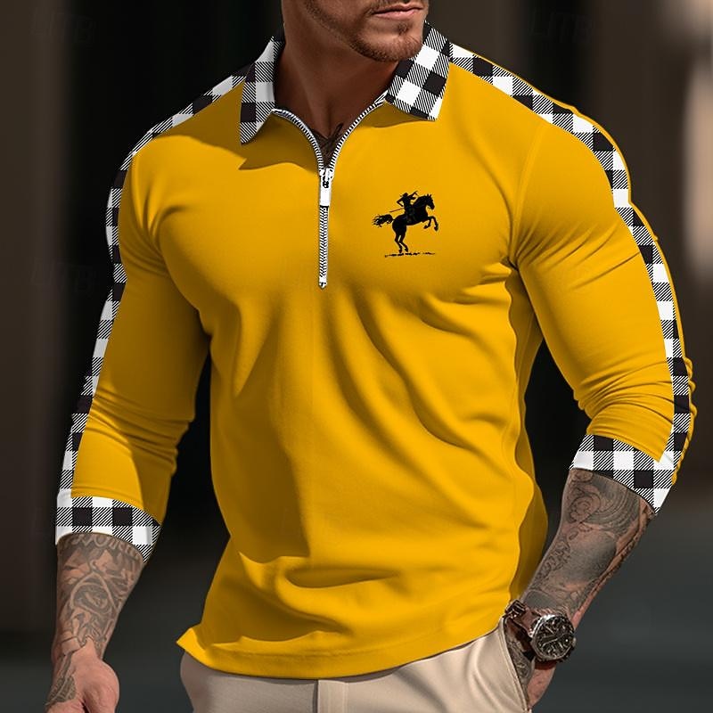 Herren Poloshirt Poloshirt mit Viertelreißverschluss Freizeitskleidung Urlaub Kargen Langarm Modisch Komfortabel Plaid Farbblock Stickerei Reißverschluss Frühling & Herbst Regular Fit Weiß Gelb 2025 - $15.49 –P3