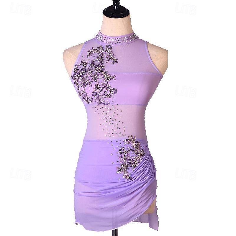 Dance Salsa Latin Dance Dress Rhinestone Pleats Embroidery Women's Performance Training Sleeveless High Spandex Tulle 2025 - $136.99 –P2