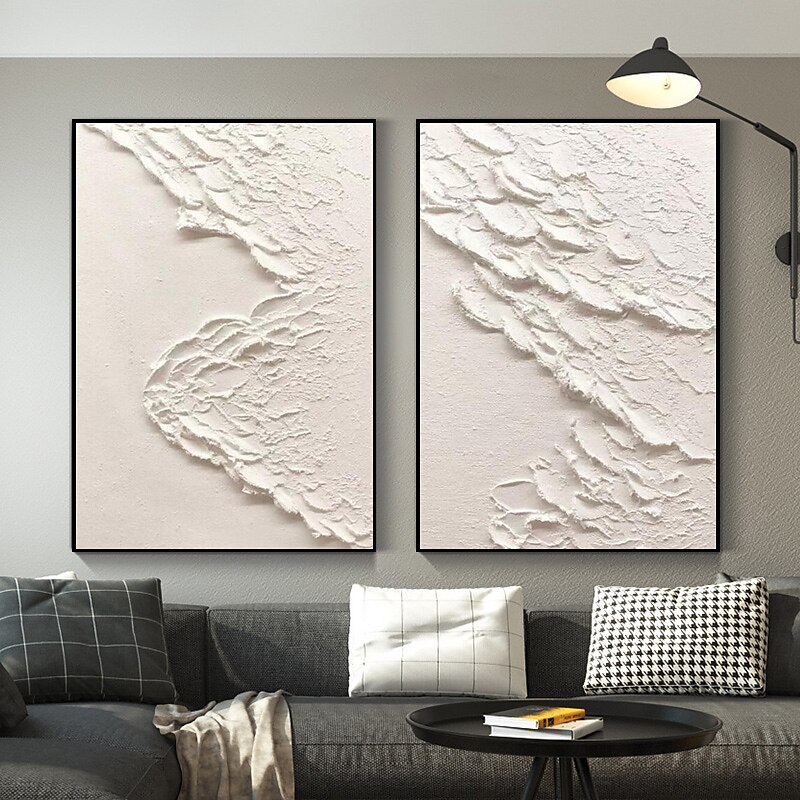 Weiße Wellen, abstraktes Gemälde, weiße 3D-Strukturkunst, weiße strukturierte Wandkunst, minimalistische Kunst, Heimdekoration, gespannter Rahmen, fertig zum Aufhängen 2025 - $183.99 –P3