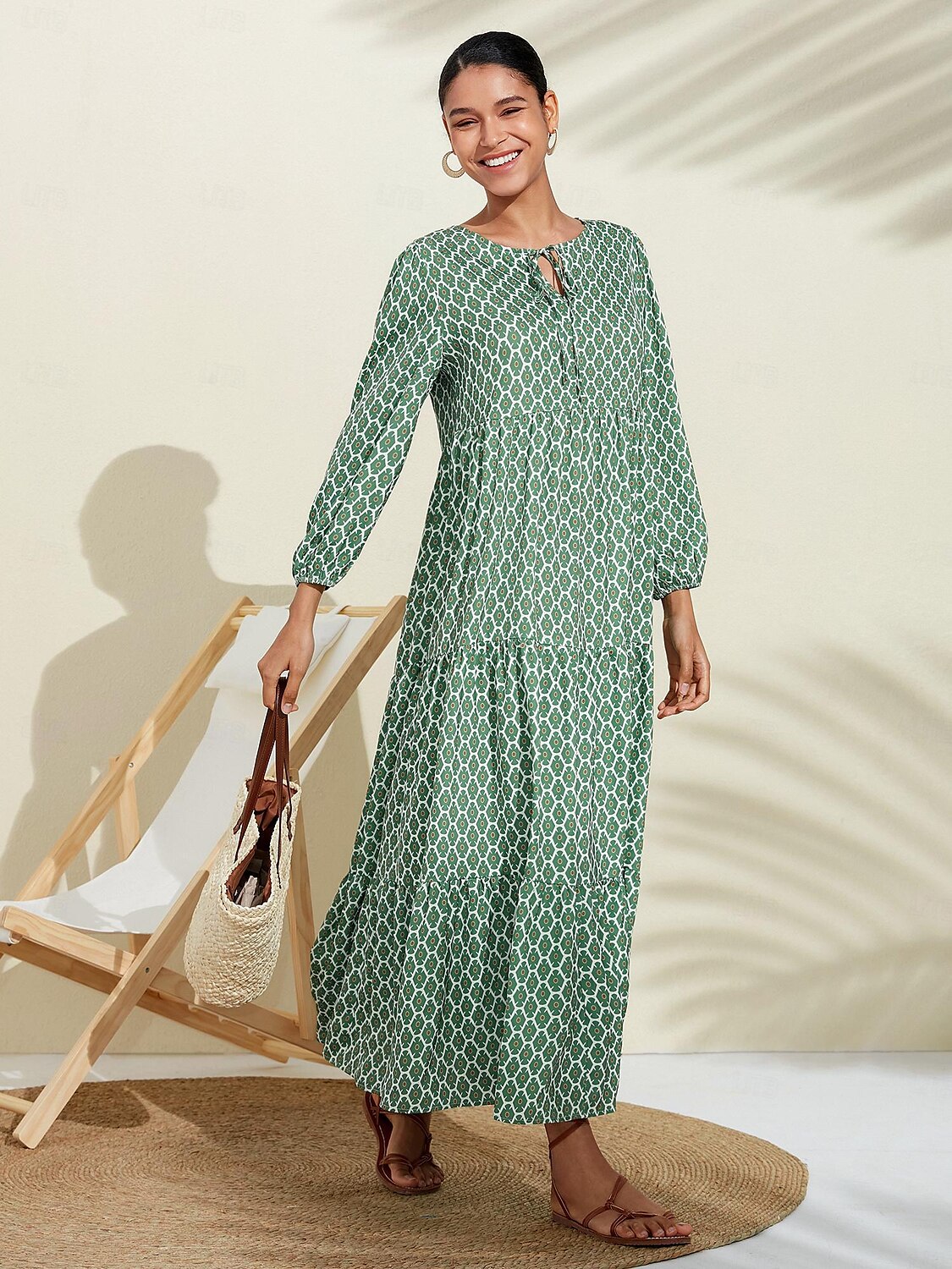 Per donna Abito linea A Orlo maxi Vestito maxi Verde Manica lunga Geometrico geometrico geometrico Primavera A V Vestito con motivo Stile di moda semplice Da mare S M L del 2025 a $72.99 –P2