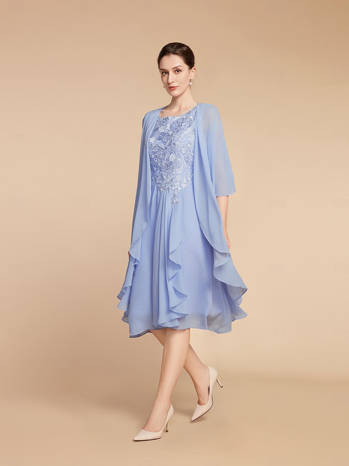 Completo Due Pezzi Abito a Tubo Madre della Sposa Ospite di Nozze Elegante Piccolo Scollatura a Costa Lunghezza al Ginocchio Chiffon Pizzo Manica Mezza con Ruching Colore Solido taglia personalizzata del 2025 a €158.99 –P2