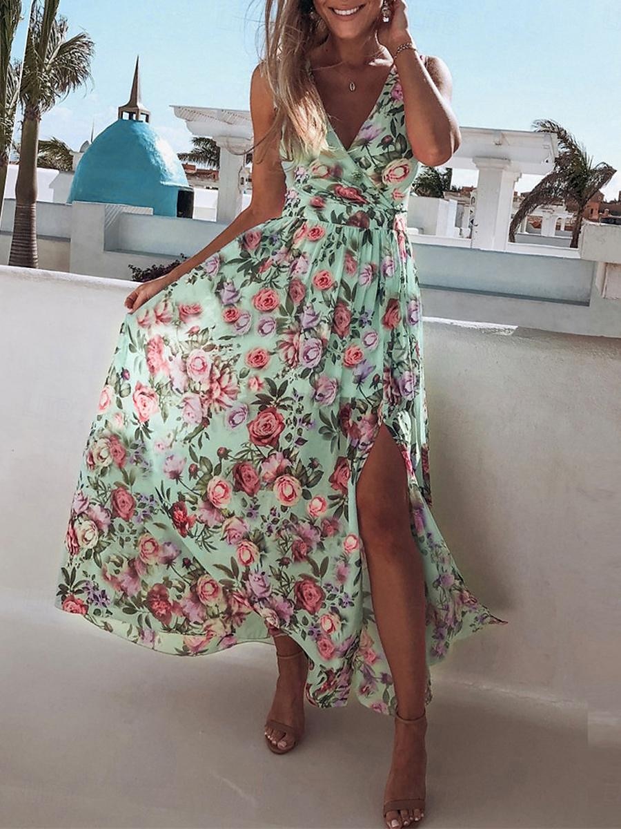 Dam Långklänning Maxiklänning Vardagsklänning Swingklänning A linjeklänning Sommarklänning Hawaiisk Maxi Boho Semester Gata Helgdag Normal Blommig Ärmlös V-hals Gul Rodnande Rosa Grön Ljusblå Sommar 2025 - $41.99 –P12