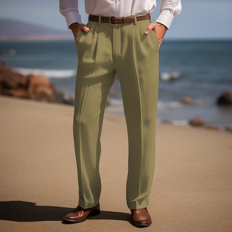 Men's Linen Pants Trousers Summer Pants Front Pocket Pleats Straight Leg Plain Comfort Breathable Casual Daily Holiday Fashion Basic Black White 2025 - $28.99 –P12