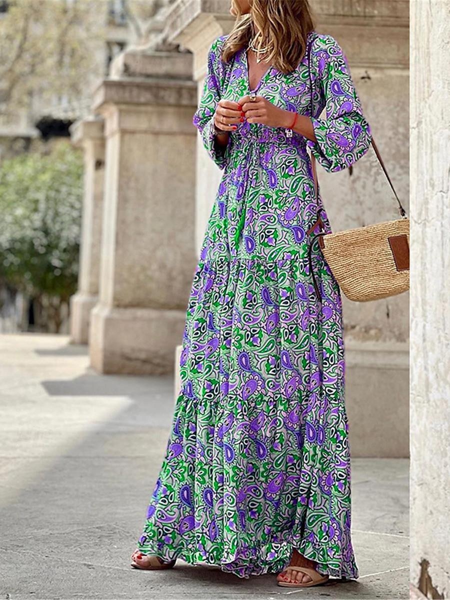 Damen kleid lang Paisley-Kleid Casual kleid Boho Chic Kleider Boho-Kleid Böhmen Ethnisch A-Linie Urlaub Strasse Festtage Lockere Passform Paisley-Muster Langarm V Ausschnitt Rosa Blau Grün Sommer 2025 - $52.99 –P8