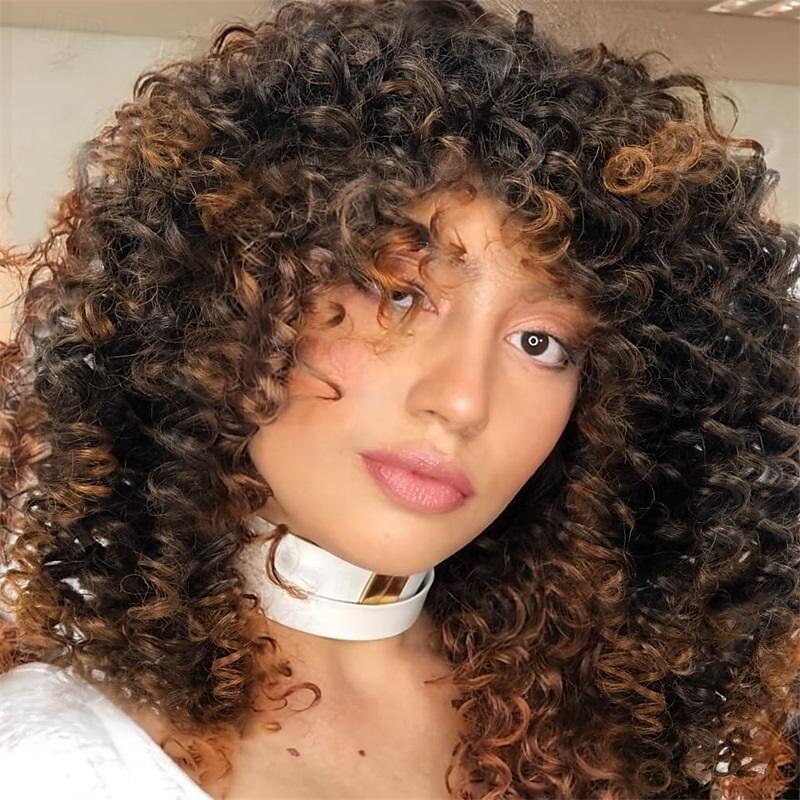 Parrucche Corte Ricce per Donne Nere - Ombre Marrone Colorato Afro Parrucche Sintetiche Ricce con Frangia Parrucche di Halloween del 2025 a $21.99 –P1