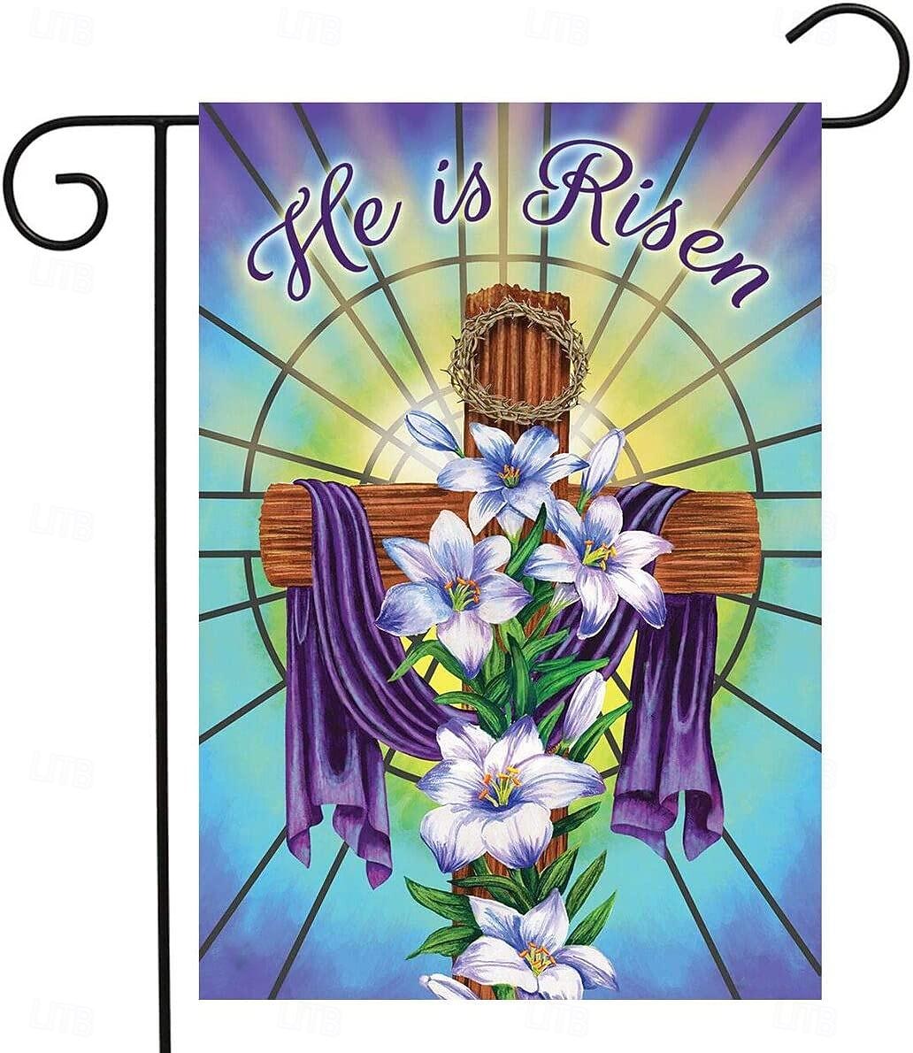 Ježíšská zahradní vlajka 12x18 palců Venkovní dekorace On vstal Vítejte Zahradní terasa vlajka Květinový dvorek vlajka Dvouruční prázdninové venkovní vlajky 1ks 2026 - $10.99 –P17