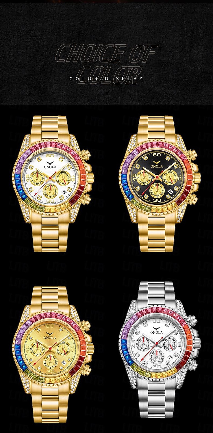ONOLA Luxury Iced Watches Men Automatic Date Multifunctional Steel Clocks Fashion Rainbow Diamond Quartz Wristwatch 2025 - $48.99 –P12