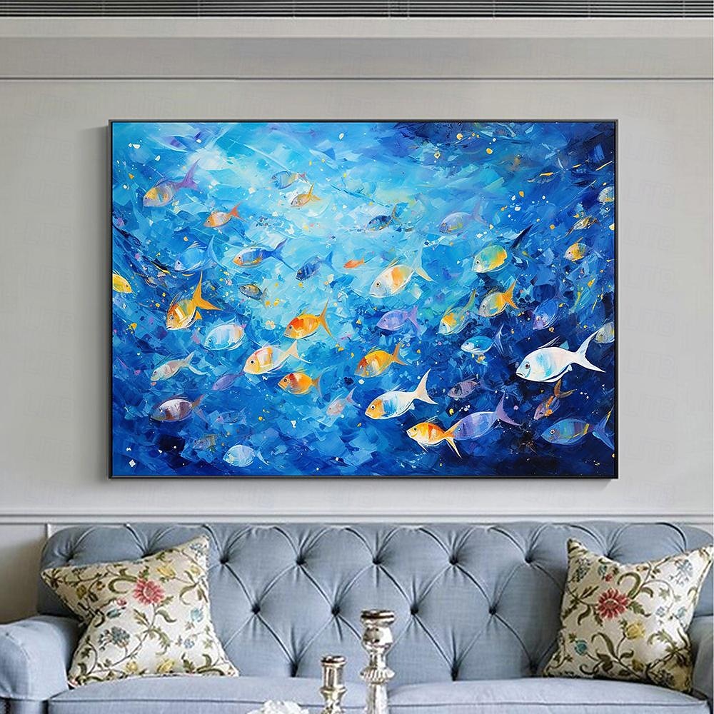 Hand painted Abstract Swimming Fishes Oil Painting on Canvas Extra Large Handmade Wall Art  Blue Ocean Art painting Custom Painting Minimalist artwork for Living Room Decor 2026 - $108.99 –P4
