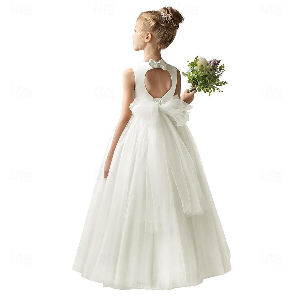 Barn Jente Blomsterjente kjole Festkjole Helfarge Ermeløs Bryllup jubileum Fest Mote Bedårende Daglig Polyester Vår Høst Vinter 2-12 år Hvit Champagne Gul 2025 - $53.99 –P10