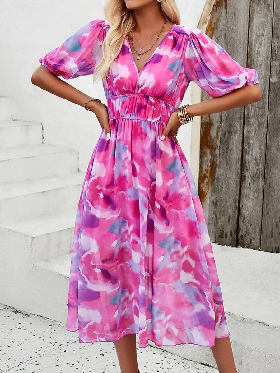 robe décontractée pour femme imprimé floral col en V robe midi ethnique bohème vacances manches courtes été de 2025 ? $29.99 –P19