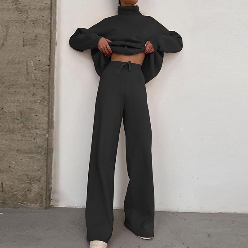 dam loungewear sweatsuit set 2 delar ren färg mode avslappnad komfort hem gå ut flygplats stickad hög hals långärmad pullover byxa höst vinter hem outfits 2025 - $34.99 –P2
