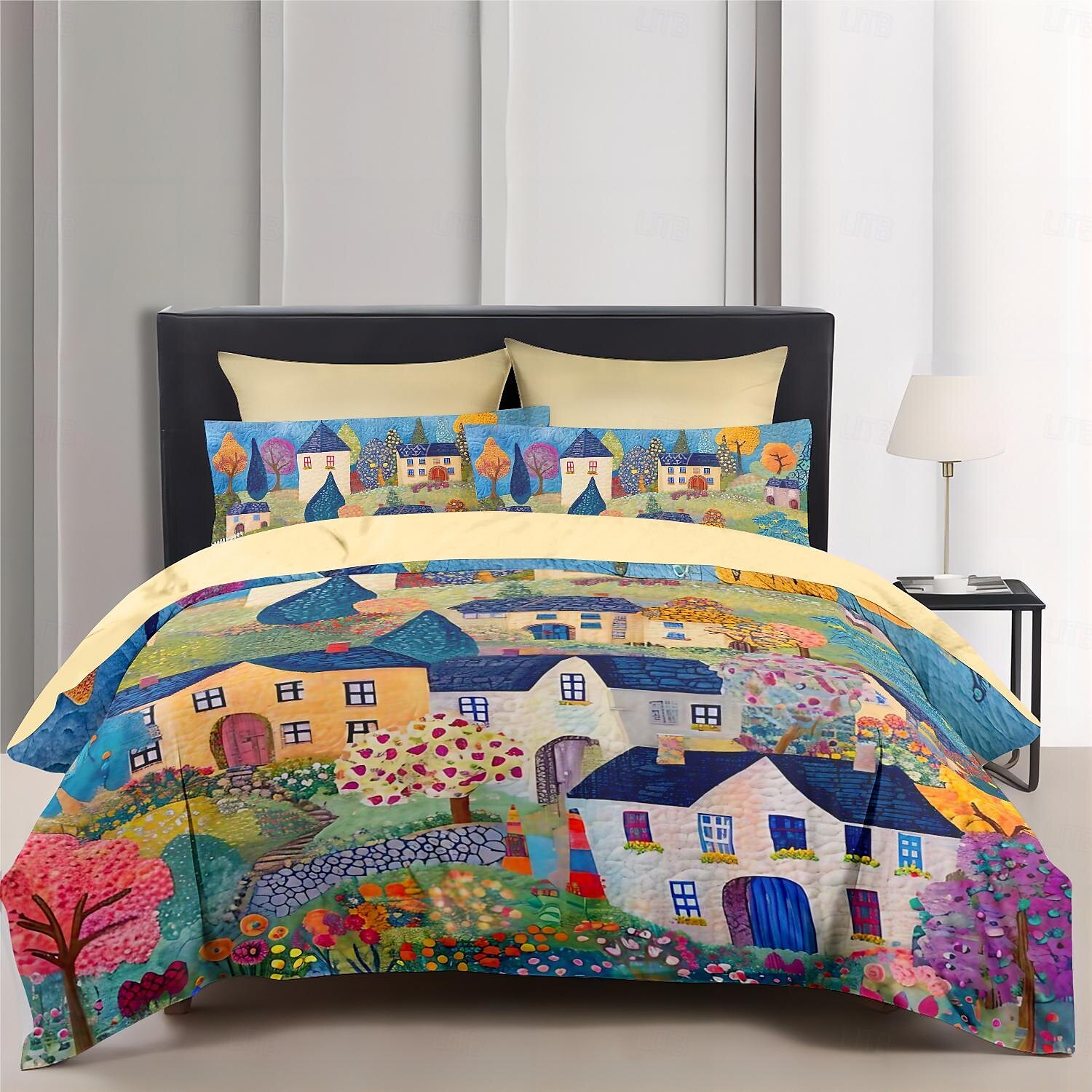 100% katoenen dekbedovertrekset met landschapsmotief zacht 3-delig luxe beddengoedset woondecoratie cadeau koning koningin dekbedovertrek 2025 - $41.99 –P12