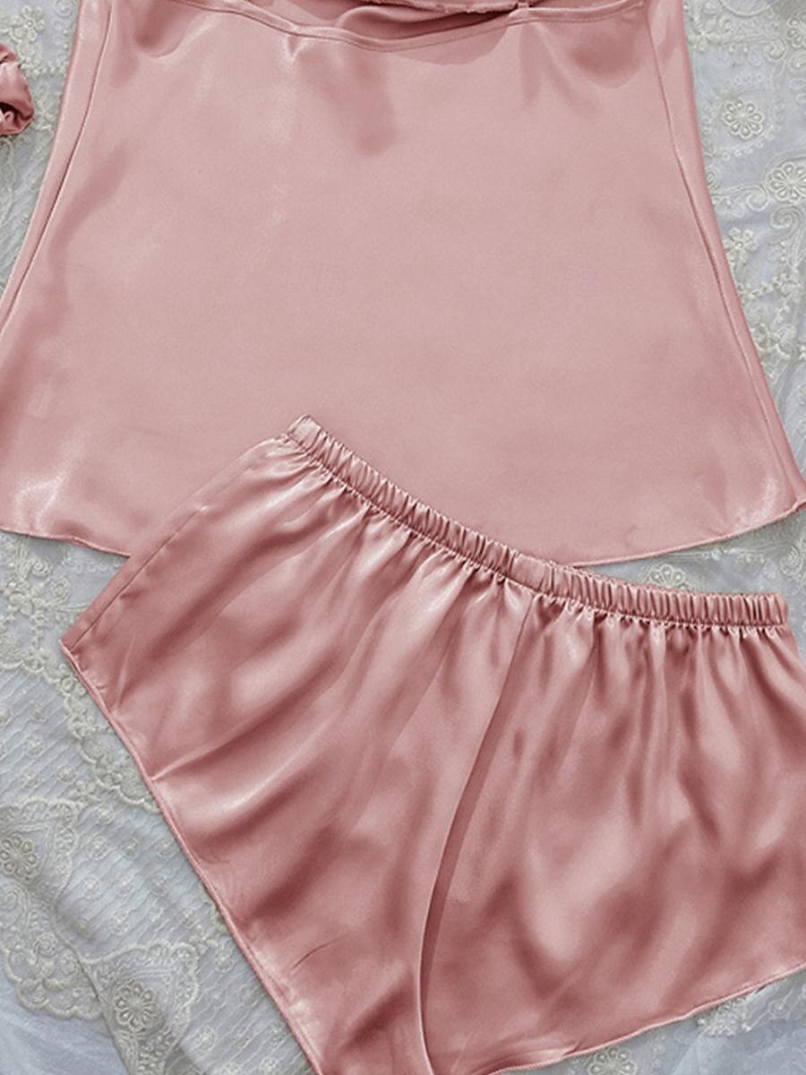 pyjamassett for kvinner 3 deler ren farge moteelskere komfort hjem daglig seng sateng silke pustende stropper ermeløse stropp topp shorts ryggløs elastisk midje sommer vår hjemmeantrekk 2025 - $19.49 –P3
