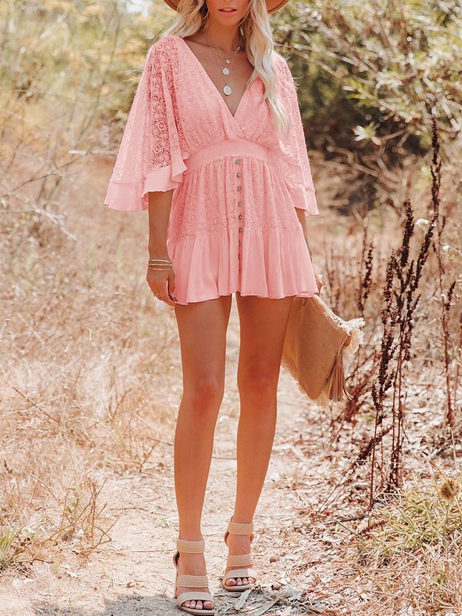 Women's Mini Dress White Dress Lace Dress Boho Chic Dresses Boho Dress Bohemia A Line Date Regular Fit 3/4 Length Sleeve V Neck Black White Yellow Pink Summer Spring 2025 - $41.99 –P13
