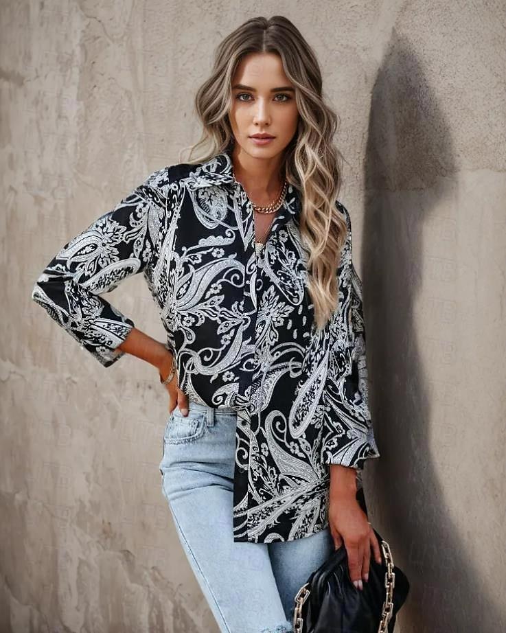Chemise Femme Manches Longues Blouse à Boutons Mode Imprimé Paisley Classique Regular Tops Col Chemise Décontracté Noir Printemps  Automne de 2025 ? $26.99 –P4