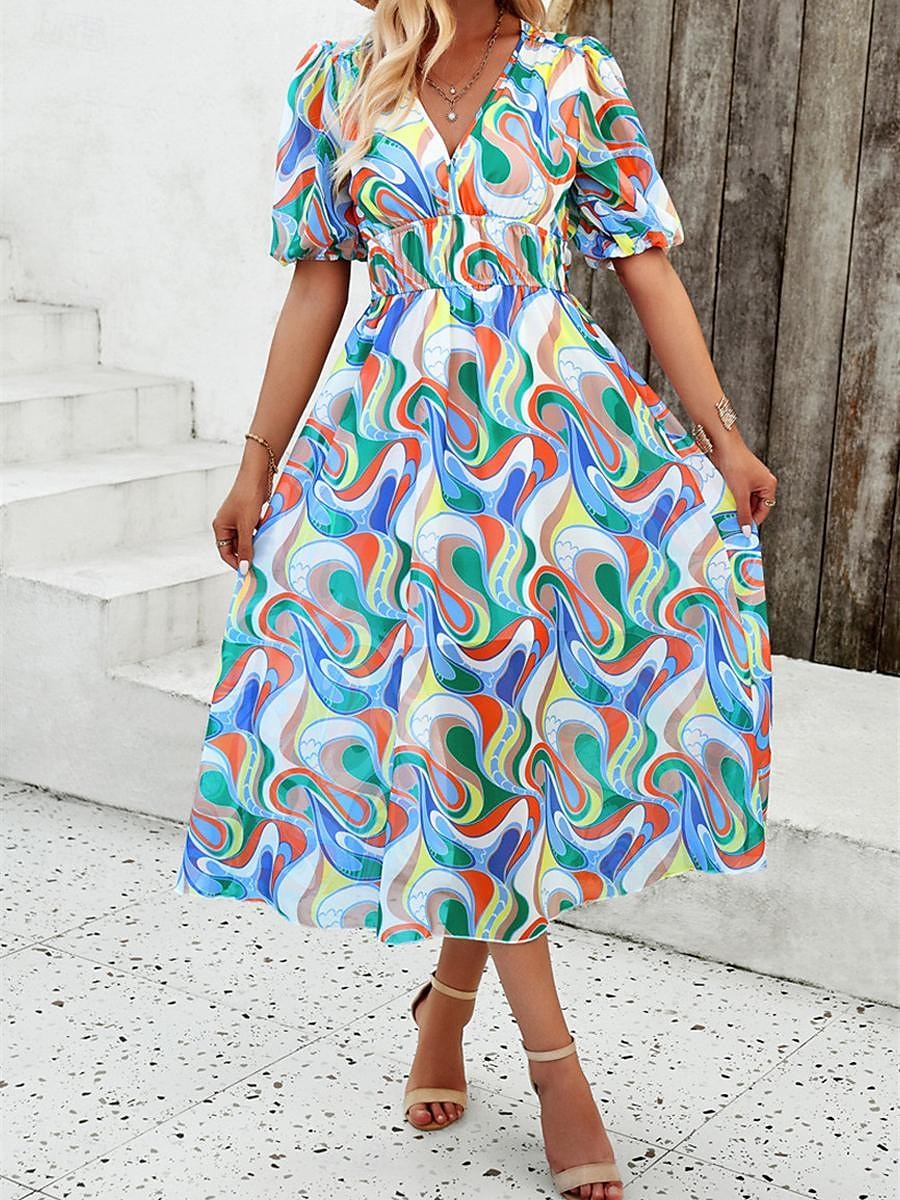 robe décontractée pour femme imprimé floral col en V robe midi ethnique bohème vacances manches courtes été de 2025 ? $29.99 –P9