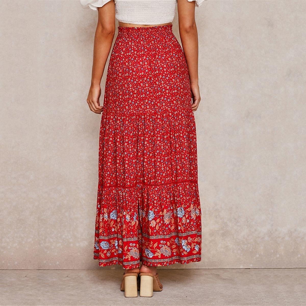 spódnica damska linia swing bohemia maxi spódnice z wysokim stanem kwiatowy wzór kwiatowy wakacje wakacje lato casual boho morela czerwony 2025 - $26.99 –P4